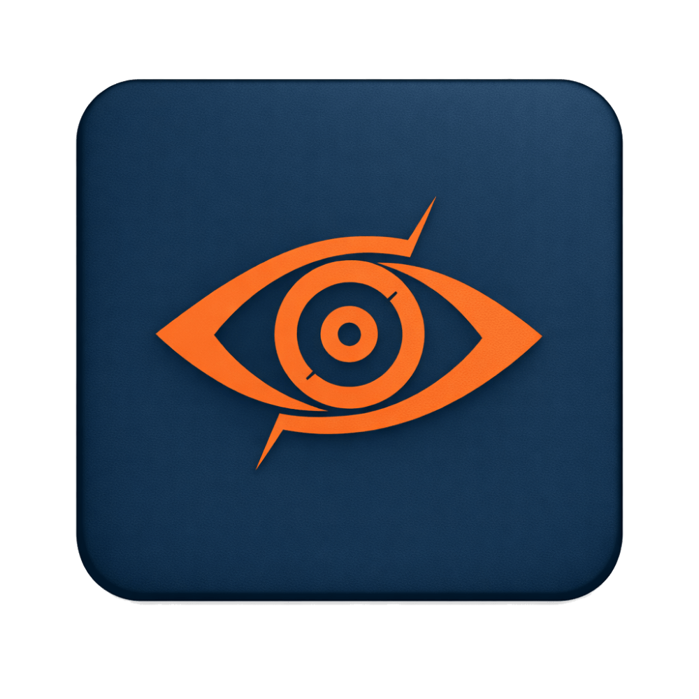 Orange eye icon with concentric circles on a dark blue background.